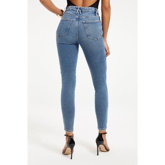 Good American Good Curve Skinny Crop Denim Jeans Blue High Waist Distressed New - Picture 3 of 9